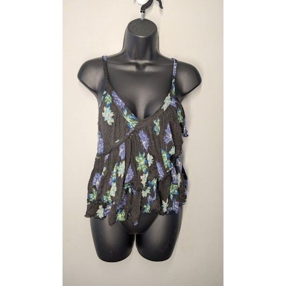 Free People Melbourne Ruffle Ribbed Tank Frilly Black Floral Tiered Fairy Medium